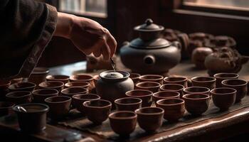 Craftspeople working with clay, spinning wheel, creating earthenware pottery generated by AI photo