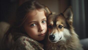 caucásico niño sonriente, participación linda Shetland perro pastor retrato adentro generado por ai foto