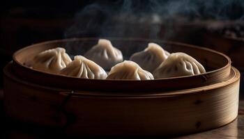 Steamed Chinese dumplings in bamboo basket, a gourmet appetizer generated by AI photo