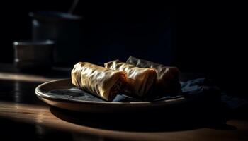 Deep fried pork spring roll on rustic wooden plate generated by AI photo