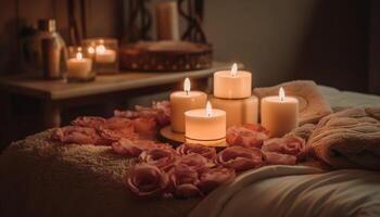 Luxury candlelight spa treatment relaxation, pampering, beauty, wellbeing, aromatherapy generated by AI photo