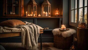 Cozy winter bedroom with modern decor and candlelight illumination generated by AI photo