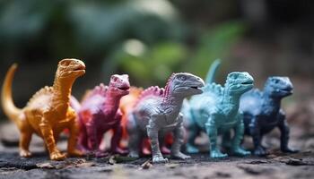 pequeño el plastico dinosaurio estatuillas en un fila, juguetón infancia recuerdos generado por ai foto