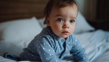 Cheerful Caucasian baby boy smiling, looking at camera on bed generated by AI photo