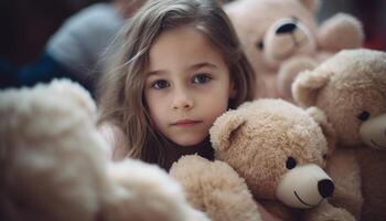 Smiling girls embrace fluffy teddy bear, playful winter decoration indoors generated by AI photo