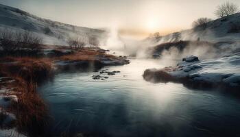 Tranquil scene Majestic mountain reflects in flowing water, autumn leaves generated by AI photo