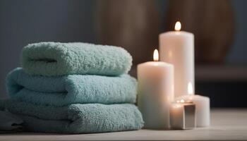 Luxury spa treatment candlelight, aromatherapy, massaging, tranquility, softness, harmony generated by AI photo