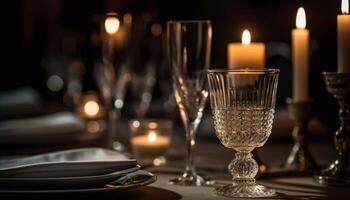 lujo celebracion luz de una vela, vino, cristal, cubiertos, y elegante decoración generado por ai foto