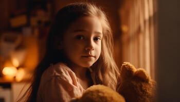 Cute girl smiling, holding teddy bear, enjoying warmth indoors generated by AI photo