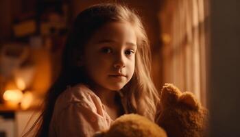 linda niña sonriente, participación osito de peluche oso, disfrutando calor adentro generado por ai foto