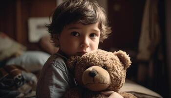 linda caucásico chico sonriente, participación osito de peluche oso en cómodo cama generado por ai foto