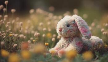 Fluffy young rabbit sits in meadow, surrounded by flowers generated by AI photo