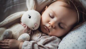 sereno bebé niña dormido con juguete Conejo en cómodo cama generado por ai foto