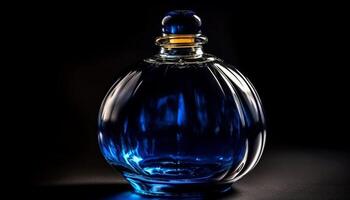 Luxury whiskey bottle, transparent glass, black background, elegant reflection generated by AI photo