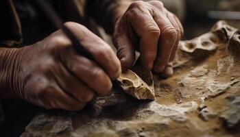 Craftsman hands roll leather for homemade shoe manufacturing generated by AI photo
