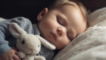 Serene baby boy sleeping peacefully with his favorite rabbit toy generated by AI photo