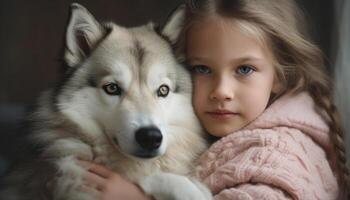 Cute Caucasian girl embracing playful purebred puppy, smiling outdoors generated by AI photo