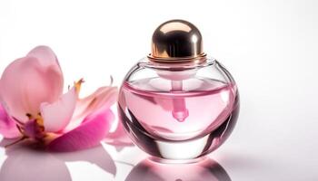 Fresh floral scent in luxurious pink bottle for ultimate relaxation generated by AI photo