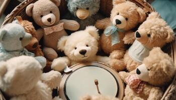 Fluffy stuffed toy collection, cute gift for childhood joy generated by AI photo