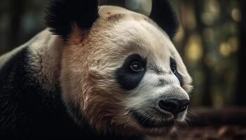 linda joven panda mirando a cámara, sentado en verde césped generado por ai foto