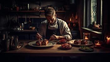 Smiling chef preparing homemade meal in commercial kitchen with freshness generated by AI photo