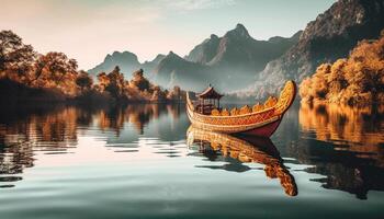 Wooden raft glides on tranquil pond, reflecting mountain and sunset generated by AI photo