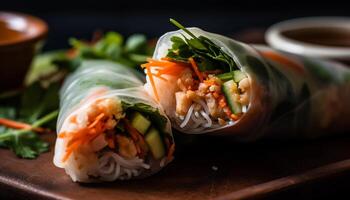 Fresh spring roll wrapped with vegetables, pork, and avocado generated by AI photo