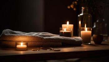 Luxury spa treatment burning candle, glowing flame, tranquil scene generated by AI photo