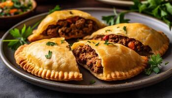 Gourmet beef taco plate with fresh vegetables and cilantro garnish generated by AI photo