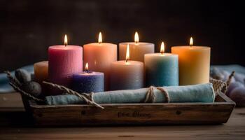brillante luz de una vela ilumina rústico madera en un romántico todavía vida generado por ai foto