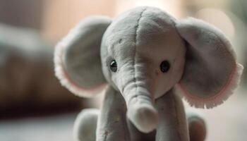 Cute puppy toy sitting indoors, playing with elephant decoration generated by AI photo