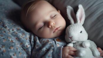 Serene baby boy sleeping with fluffy rabbit toy in bedroom generated by AI photo