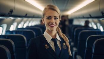 confidente mujer de negocios sentado en avión cabina, sonriente a cámara generado por ai foto