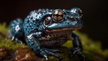 Spotted toad sitting in wet forest, looking away from camera generated by AI photo