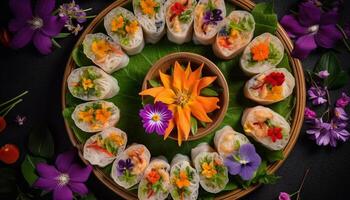 gastrónomo oscuro suma aperitivo con Mariscos y vegetal variación generado por ai foto