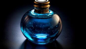 Transparent glass bottle reflects blue liquid, elegant whiskey container generated by AI photo