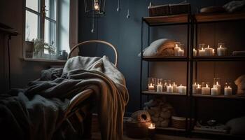 Luxury bedroom with cozy candlelight, modern design, and natural materials generated by AI photo