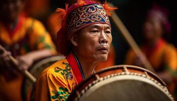 indígena hombres en tradicional ropa jugar percusión a balinés ceremonia generado por ai foto