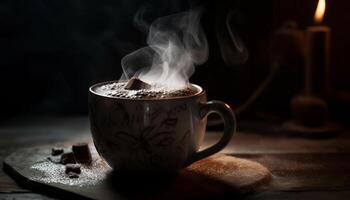 Rustic coffee cup on wooden table emits steam and scent generated by AI photo