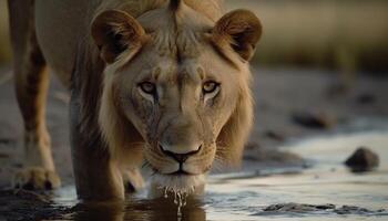 Majestic lioness staring at camera in African wilderness, alert and resting generated by AI photo