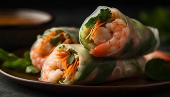 Healthy eating with fresh seafood, rolled up in spring roll generated by AI photo