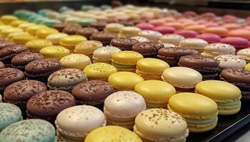 A French gourmet dessert plate with macaroons, meringues, and fruit generated by AI photo