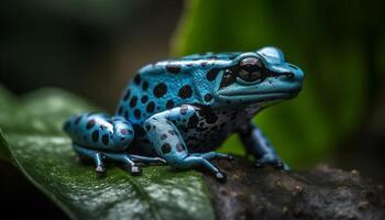Poison arrow frog sitting on leaf in tropical rainforest generated by AI photo