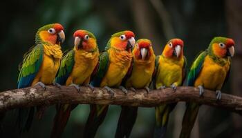 Vibrant macaws perching on branch, showcasing natural beauty in nature generated by AI photo