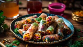 Fresh spring rolls with pork and vegetables, served with sauce generated by AI photo