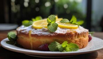 Fresh mint leaf adds gourmet touch to sweet peppermint cheesecake generated by AI photo