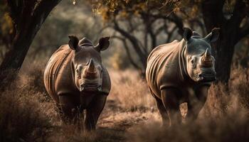 Herd grazing on savannah, horned zebra and endangered species generated by AI photo