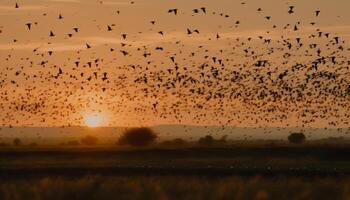 Silhouette of large group of animals in motion at dusk generated by AI photo