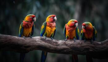 Vibrant macaw perched on branch, enjoying colorful feast outdoors generated by AI photo