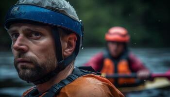 Two Caucasian males in sports helmets hike through snowy forest generated by AI photo